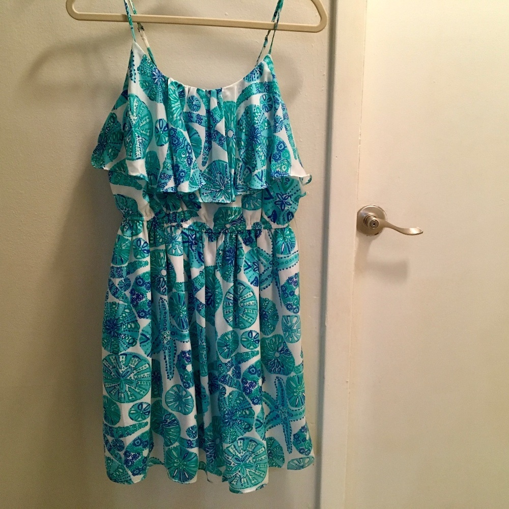 LILLY PULITZER SPAGETTI STRAP LAYERED DRESS, SIZE MEDIUM GREEN/BLUE SEA